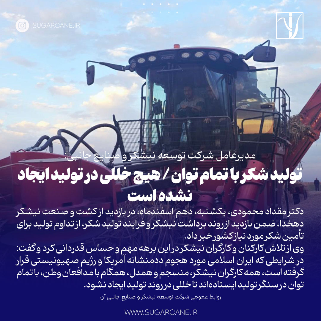 مدیرعامل شرکت توسعه نیشکر و صنایع جانبی: تولید شکر با تمام توان
